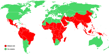 מפת איזורי הסיכון לחלות במלריה. מקור: ויקיפדיה ברשיון חופשי PD. איור: Petaholmes